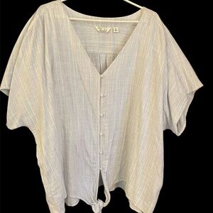 Caffe Marrakesh Gray Blue Stripe Linen Blend Tie Front Cap Sleeve Top 3X NWOT